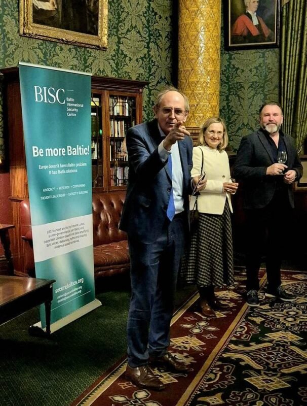 Edward Lucas with Asta Radikaitė, Lithuania’s ambassador to the UK, and Linas Bielskis at BISC’s reception in London