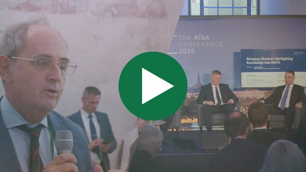 Edward Lucas puts his question to Kyrylo Budanov from the floor of the Riga Conference 2026. A play button links to the video.