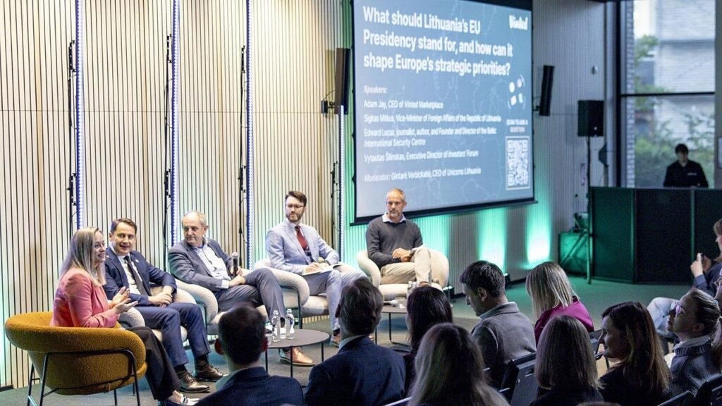 The Policy Breakfast by Vinted panel on stage in Vilnius, September 29, 2026, under a screen asking “What should Lithuania’s EU Presidency stand for, and how can it shape Europe’s strategic priorities?”